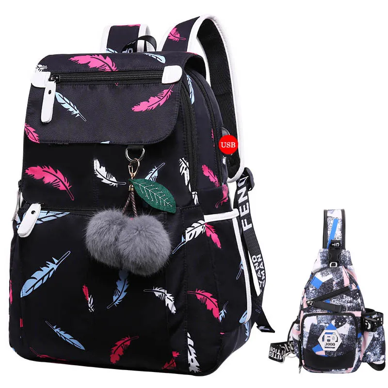 Nueva mochila de escuela media con puerto de carga USB bolsas escolares para niñas bolsa de viaje bolsa de libros plusch bola grande chica mochila escolar