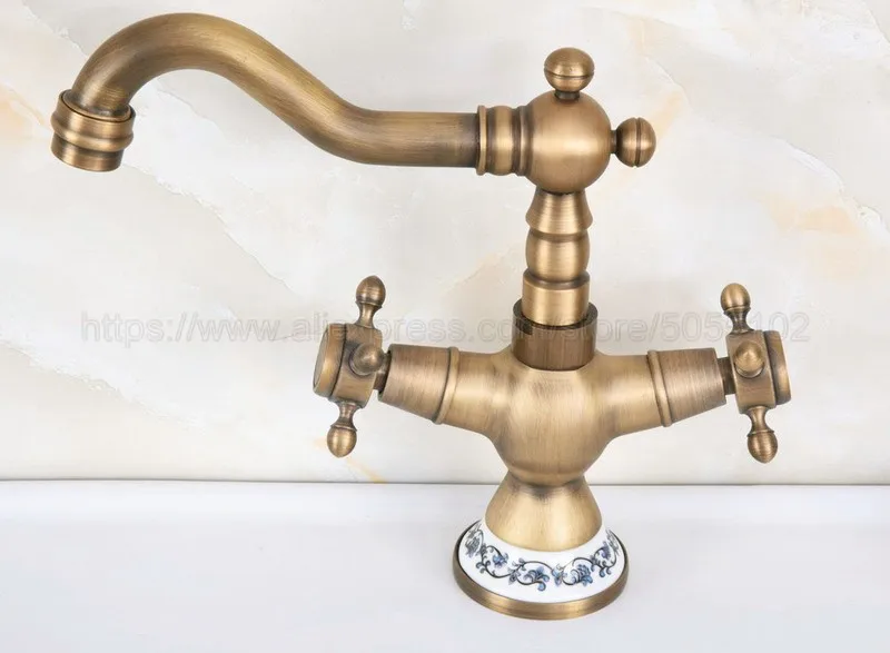 Basin Faucets Antique Brass Bathroom Sink Faucet 360 Degree Swivel Spout Double Cross Handle Bath kitchen Mixer Taps znf601