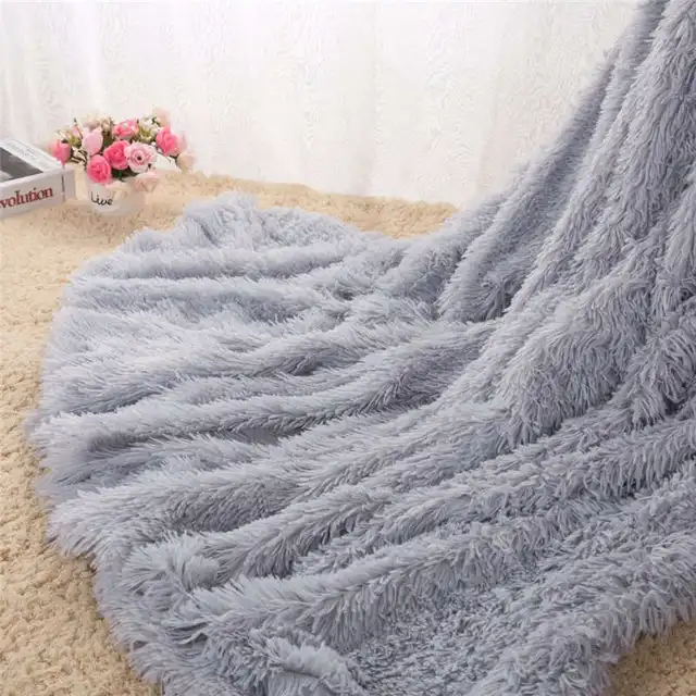 Adults Fluffy PV Plush Fleece Throw Blanket Solid Grey Pink Winter Bed