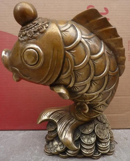 

R0720 Details about 12"Chinese Bronze Carved Money cyprinoid Statue