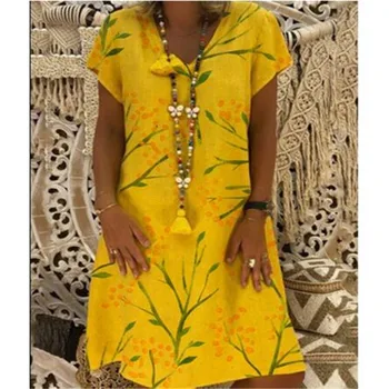 

Women Plus Size Boho Print Dress 2019 Summer Polyester Dress Short Sleeve V Neck Feminino Vestidos Large size Casual Dress