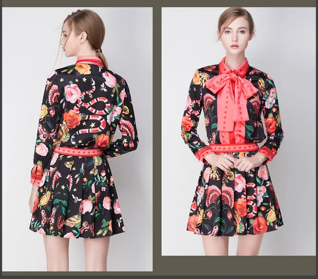 Good quality runway Women Clothing Sets 2 Piece Set long sleeve bow