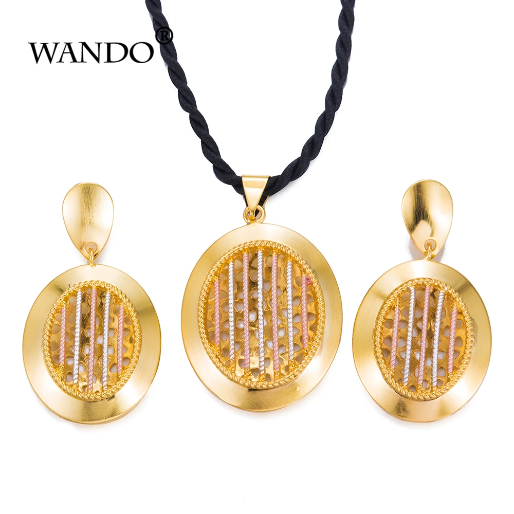 WANDO Ethiopian set Fashion Jewelry Sets For Women Three Layer Statement Necklace Gold Color Earrings Wedding gift ws67 | Украшения и