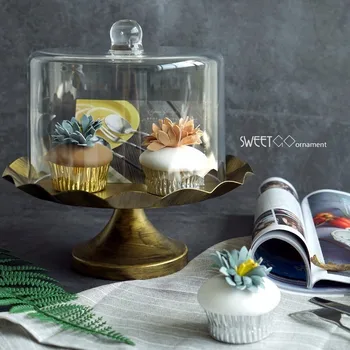 

European Style Golden Iron Wedding Decorative Cake Stands Desserts Fruit Plate Pan With Glass Cover #1500320