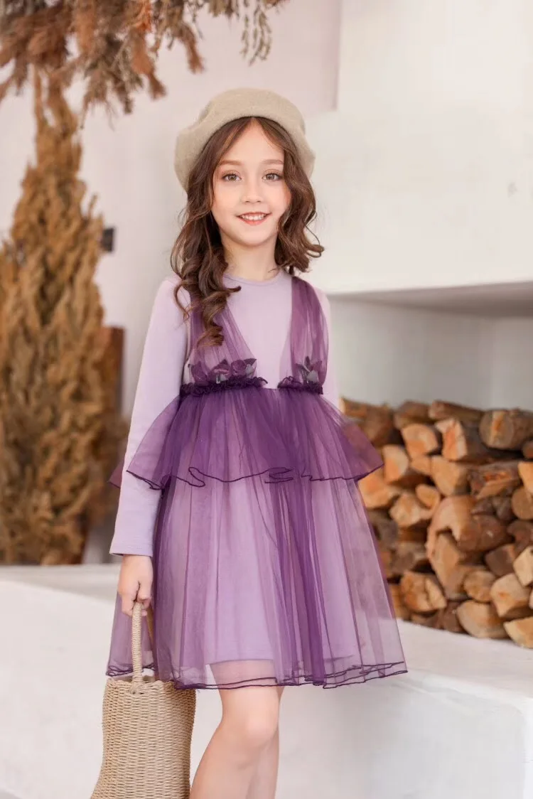 

6510 Princess Flowers Layers Mesh Party Baby Girls Dresses Autumn Kids Dresses For Girls Wholesale baby girl clothes 100-150Lot