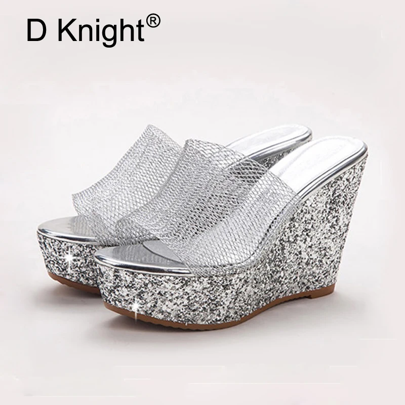 

Stylish Super High Heels Wedges Summer Shoes Woman Bling Mesh Platform Sandals Women Slippers Peep Toe Gold Flip Flops Sandalias