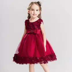 Новинка 2019 года; Элегантная модная детская одежда; красивое детское платье принцессы; кружевное платье без рукавов с аппликацией и бантом
