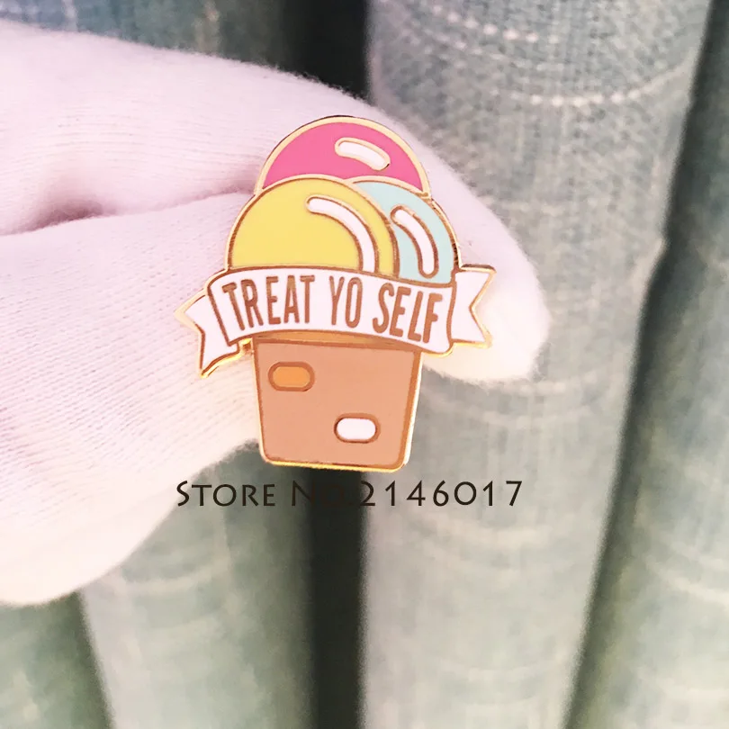 

10pcs Wholesale Emoji Cartoon Metal Badges Craft Gift Pink Ice Cream Cone Lapel Pins Treat Yo Self Custom Hard Enamel Pin Brooch