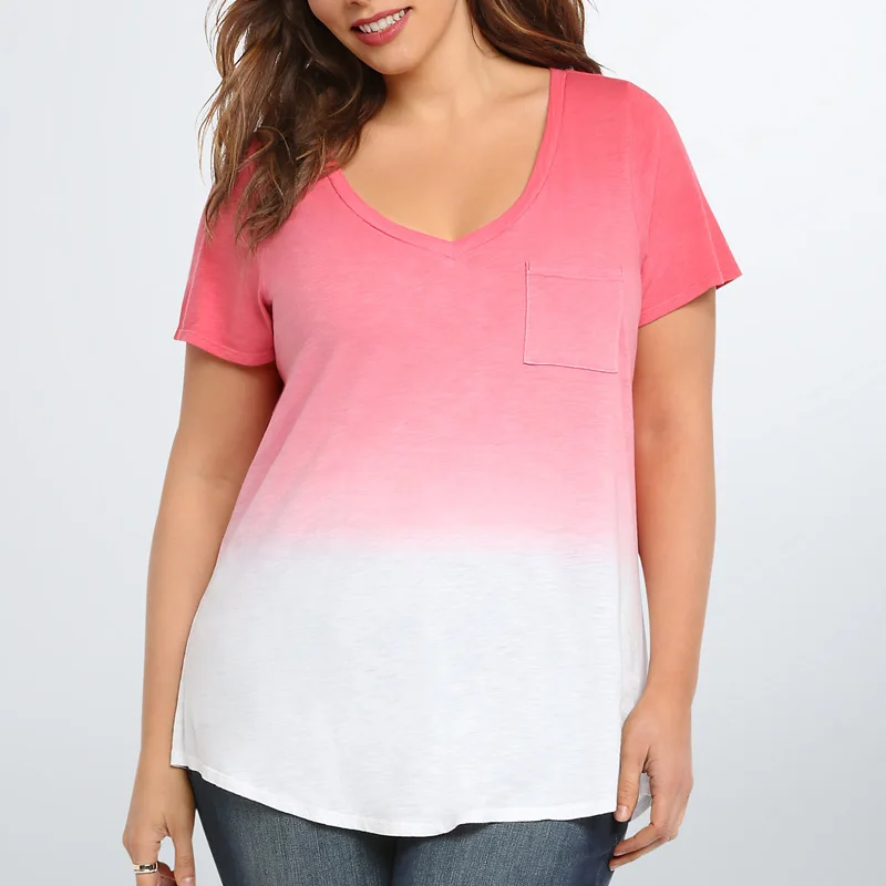 MS Большие размеры футболка с короткими рукавами Градиент и крашение v-образным