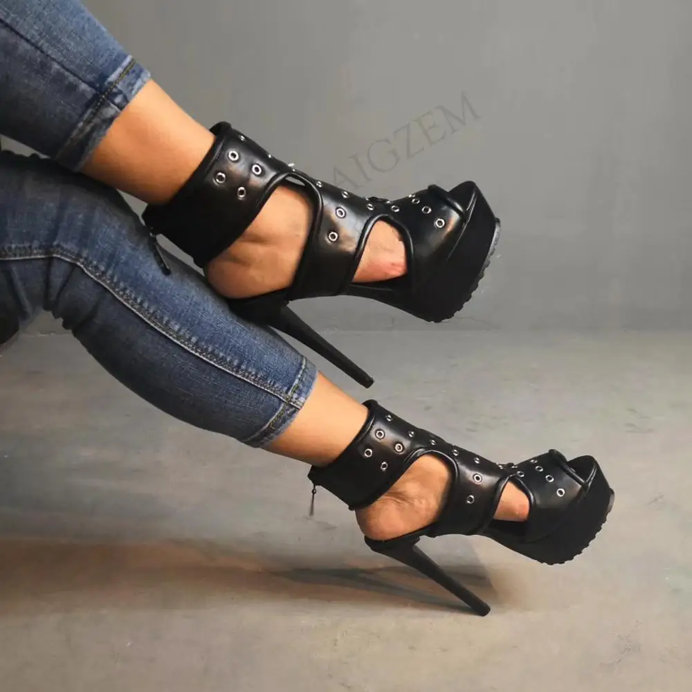 LAIGZEM Women Sandals Gladiator Fuax Leather High Heels Sandals Party Ladies Handmade Sandalia Zapato Shoes Woman Big Size 34-52 (2)