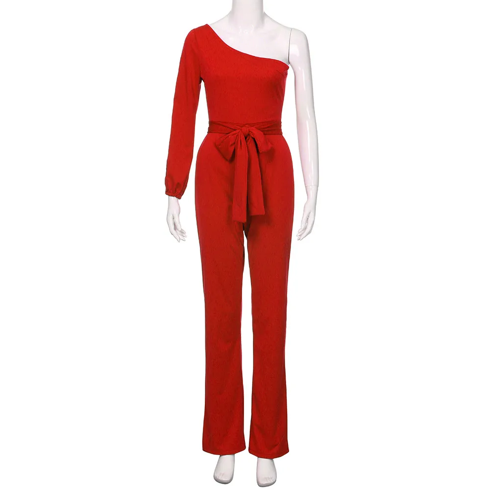 Women Solid Long Sleeve Cold Shoulder Jumpsuit Casual Clubwear Wide Leg Pants Jumpsuit long pants overalls for women L30627