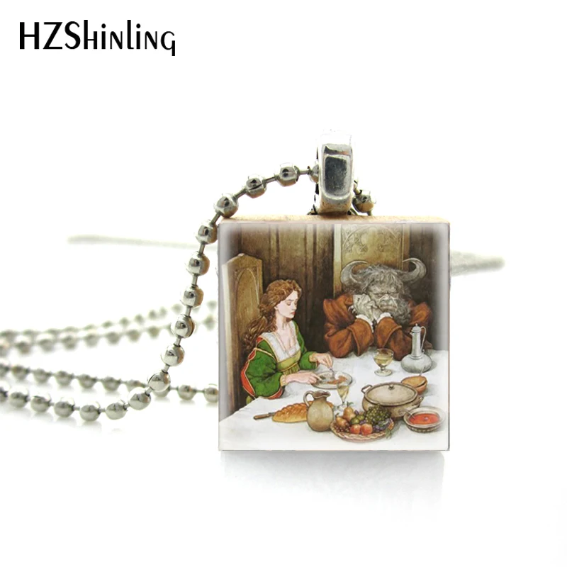

Vintage Classic Fairy Tales Storys Art Beauty and the Beast Photos Wooden Scrabble Tile Necklace Ball Chain Necklace Jewelry