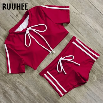 

RUUHEE Bikini Swimwear Women Sport Swimsuit Sleeve Bikini Set O-Neck High Waist Beachwear Bathing Suit Push Up 2018 Biquini