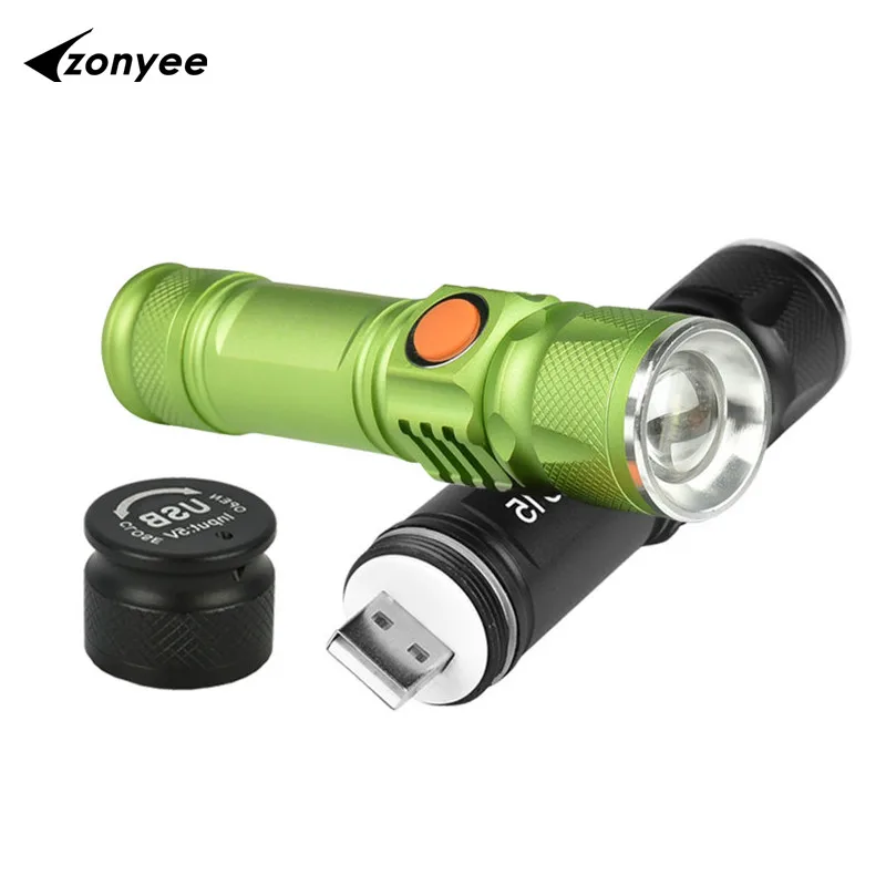 

USB Rechargeable XM-L T6 Flashlight LED Portable 18650 Battery Waterproof Tactical Torch Lantern Light Weight Bright Hike Green