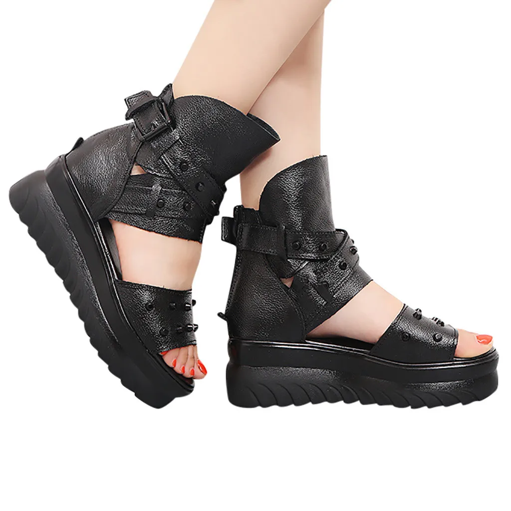 

leather sandals women Wedge Roman sandals for women BLACK Summer Fish Mouth Shoes Thick Bottom Cake Rivet platform Sandals#G40