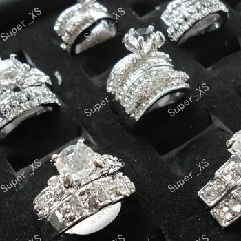 

12Pcs 6 Pairs 2017 Hot Sale Cubic Zircon Rhinestones Women Silver Plated Ring For Women Fashion Jewelry Bulks 2 in 1 Rings LB154
