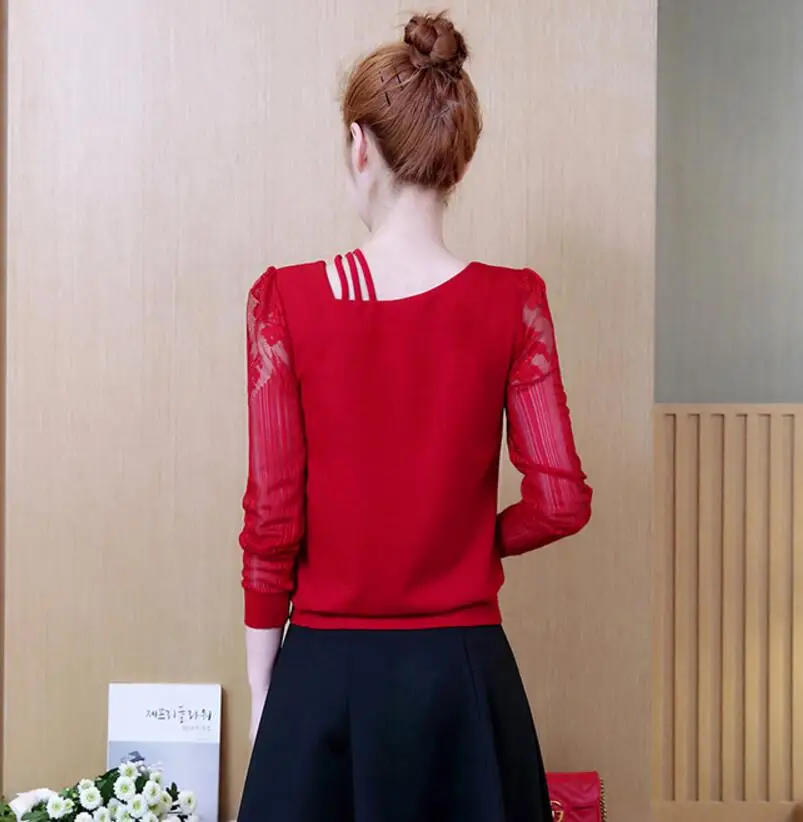 Модные Кружевные блузы, Повседневная шифоновая блузка с длинным рукавом, рубашка в стиле пэчворк размера плюс 3XL, Женские топы и блузки, Женская сорочка