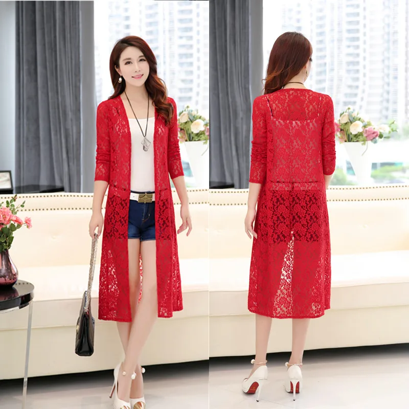 

Spring and summer new women lace jacket female long section shawl lace cardigan jacket large size long-sleeved sunscreen jacket