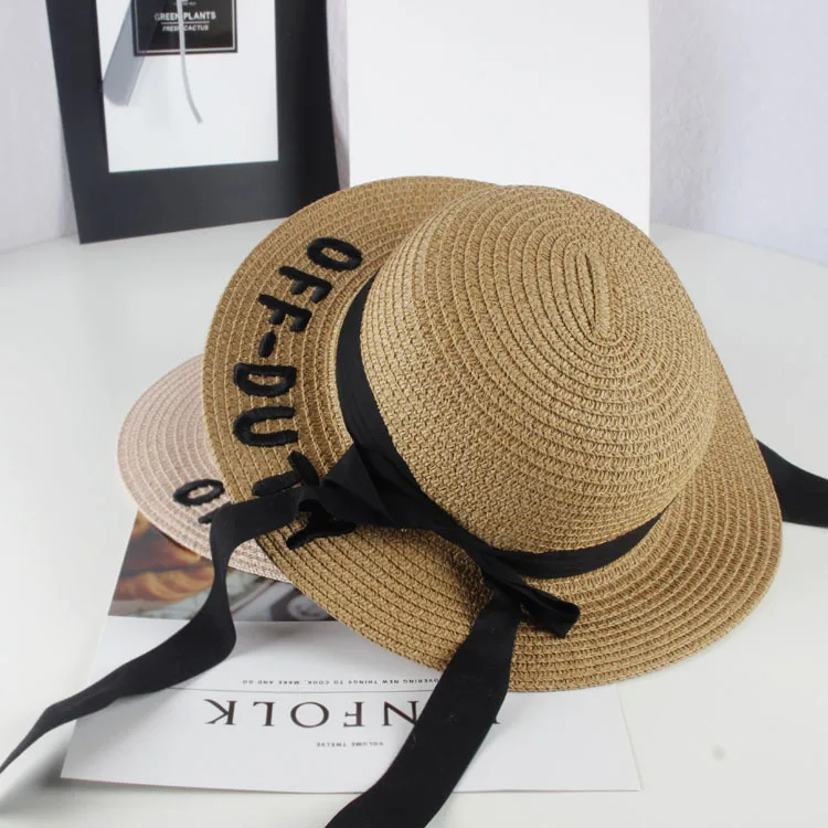 Детская соломенная шляпа с вышитыми буквами и бантом из ленты, шляпа от солнца для девочек, летняя пляжная кепка, Панама, детские шляпы кепки