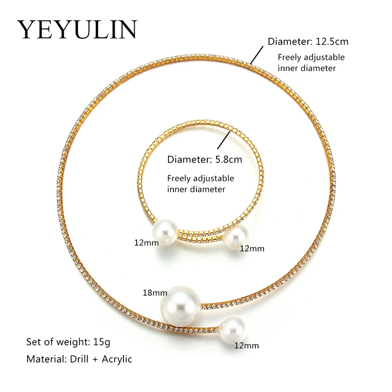 2PCS/Set European Simulated Pearl Chokers Necklace Bangle Adjustable Jewelry Set For Women Bridal Wedding Party Accessories