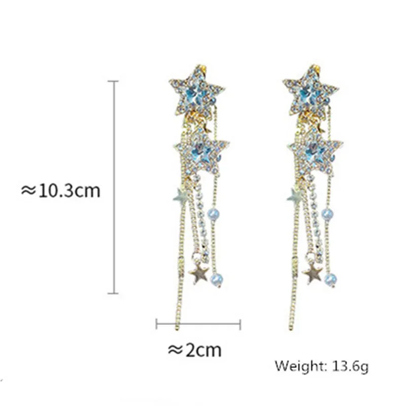 FYUAN Korean Style Shiny Star Drop Earrings for Women New Bijoux Long Tassel Blue Crystal Dangle Earrings Jewelry Accessories