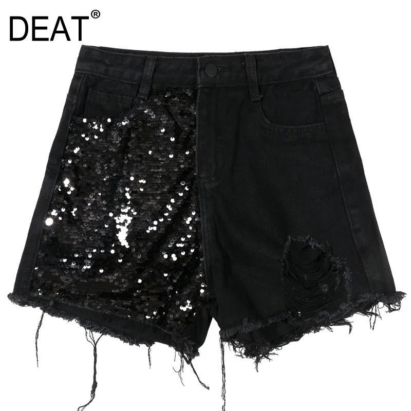 

DEAT 2019 New High Waist Black Sequins Tassels Patchwork Shorts Female Summer Street Styles Club Pants WG55601L