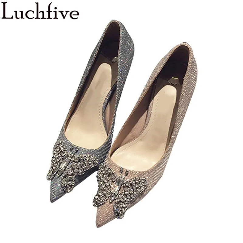 

Luchfive Bling Sequined Rhinestone Butterfly Pumps Women New Runway Pointed Toe Thin High Heels Single Shoes Party Wedding Shoes