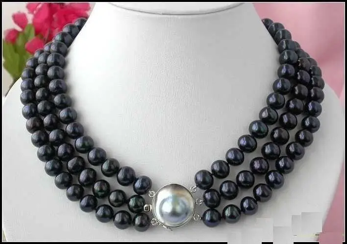 

FREE SHIPPING HOT sell new Style 3 ROW 8-9MM BLACK TAHITIAN PEARL NECKLACE 16-18 INCH SHELL CLASP