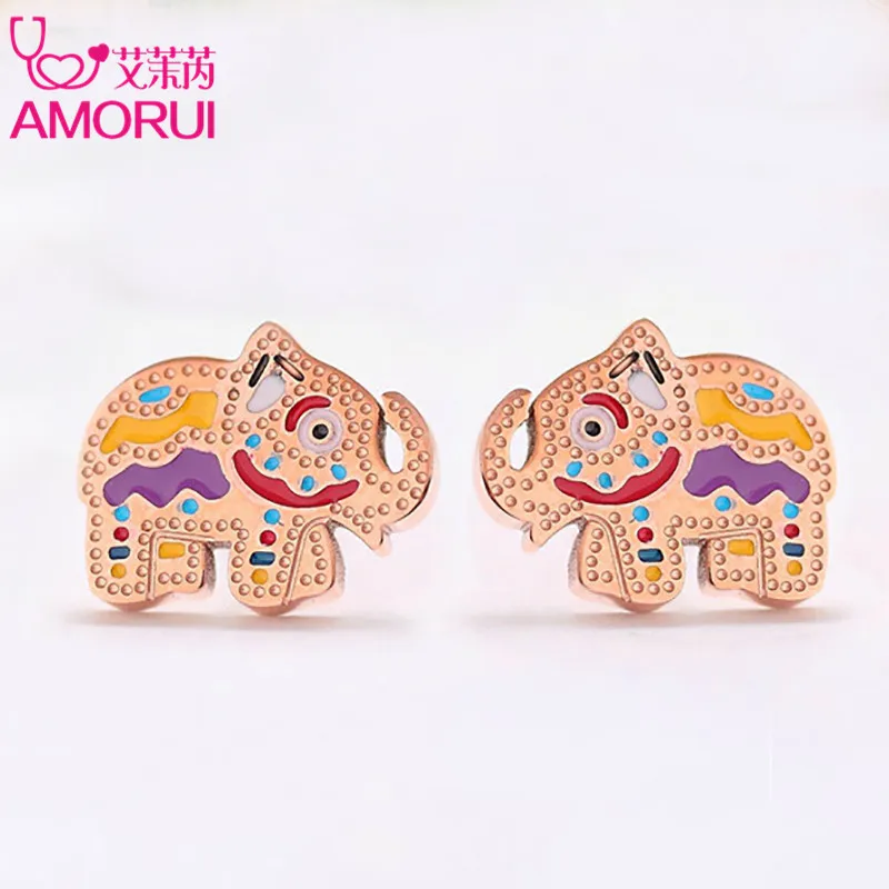 

AMORUI Cute Coloeful Enamel Elephant Stud Earrings for Women Stainless Steel Rose Gold Color Earings Fashion Jewelry Bijoux Gift