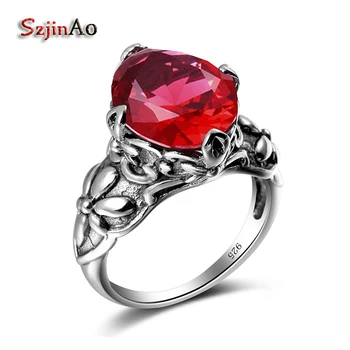 

Szjinao Promotion Luxurious Real 925 Sterling Silver Ring for Women Red Stone Ruby Rings Fashion Restoring Ancient Jewelry