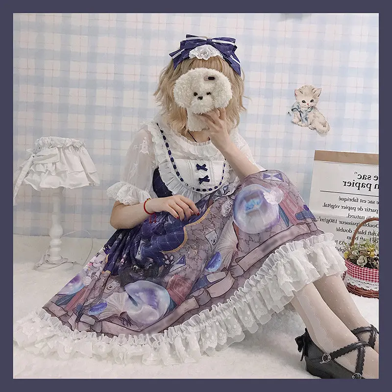 

Lolita Crystal cat Vintage Printing Sleeveless Suspender Dress Cosplay Daily Japanese Kawaii Bow Lace Chiffon Ruffles JSK Dress