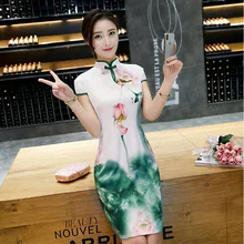 Women Improved Cheongsam Qipao Chinese Traditional Dress Silk Pink Green Print Elegant Short Sleeve Slim Oriental Dresses