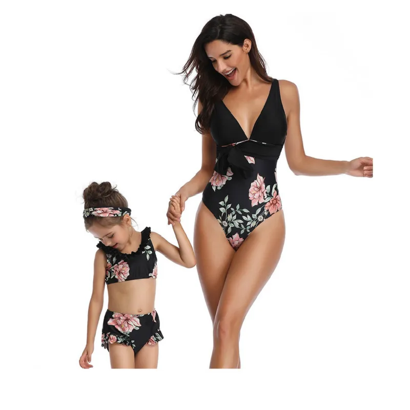 Mother Daughter matching Swimsuits Printing piece double lotus leaf Parent-Child Swimwear Family Matching Swimsuit Outfits