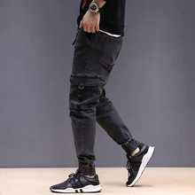 Высокая уличная мода, мужские джинсы, черные, серые, японский стиль, большие карманы, брюки-карго, панк стиль, брюки для бега, хип-хоп джинсы для мужчин