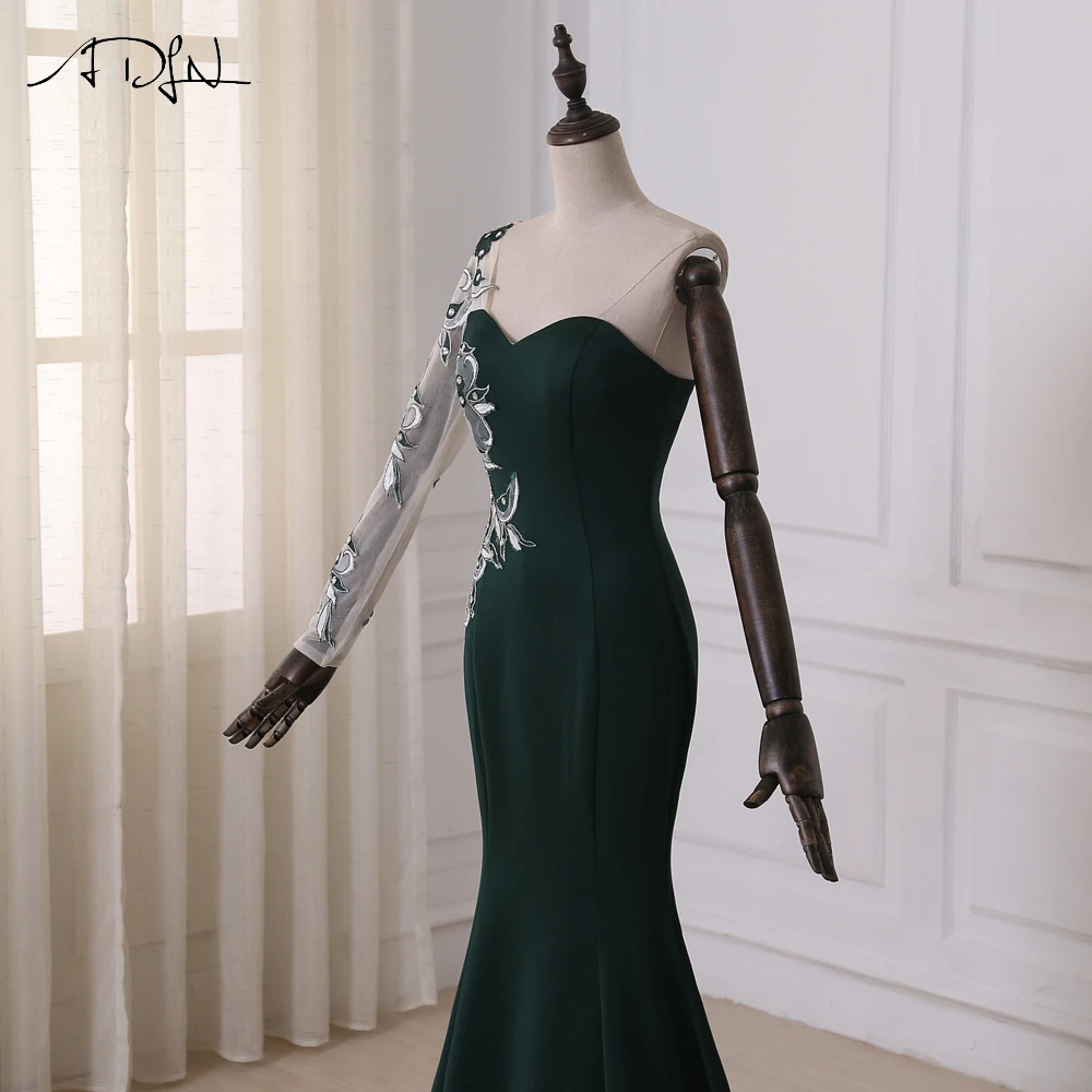 ADLN Dark Green Mermaid Evening Dress Sweetheart Long Sleeves Applique Stones Formal Dress Party Prom Dress Sweep Train