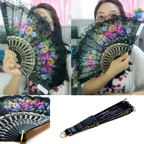 

Women Accessory decorative design PoroseFolding Fan Spanish Flower Floral Fabric Lace Folding Hand