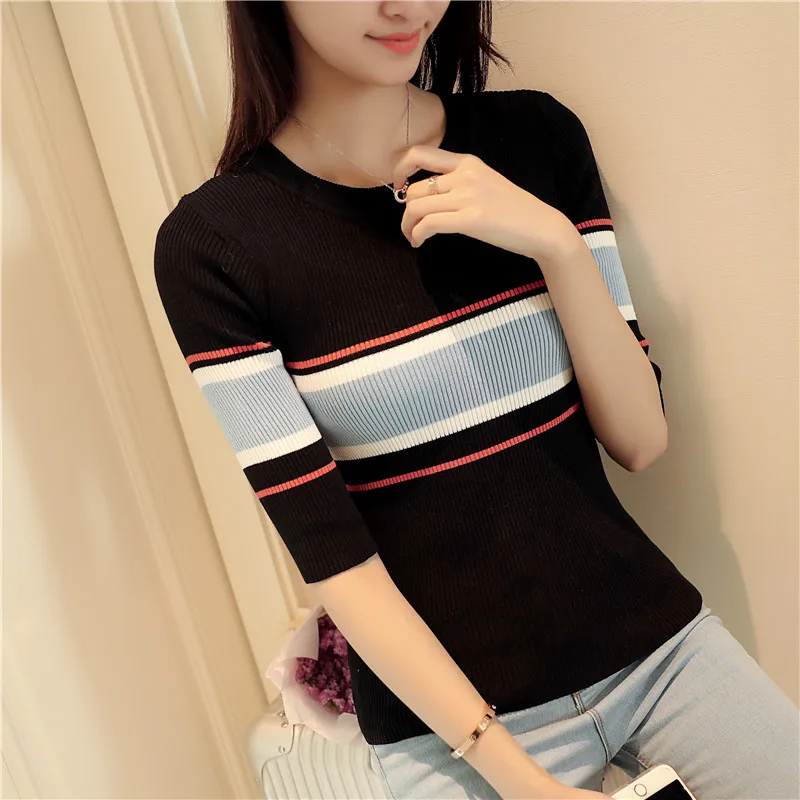 2017 New Fashion High Quality Brand Spring Summer Sweater Women thin short-sleeved O-neck Geometric Striped Knitted Sweaters