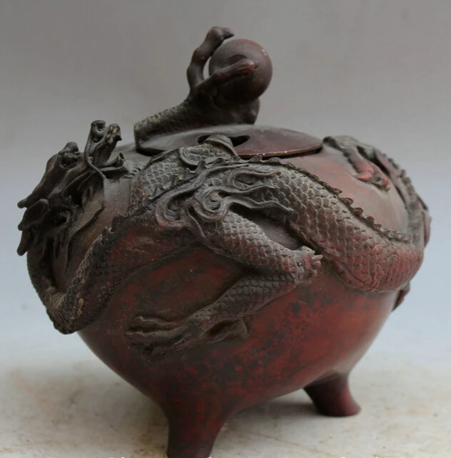 

JP S62 6" Old Marked Chinese dynasty Bronze 3 Foot Dragon ball Incense Burner Censer