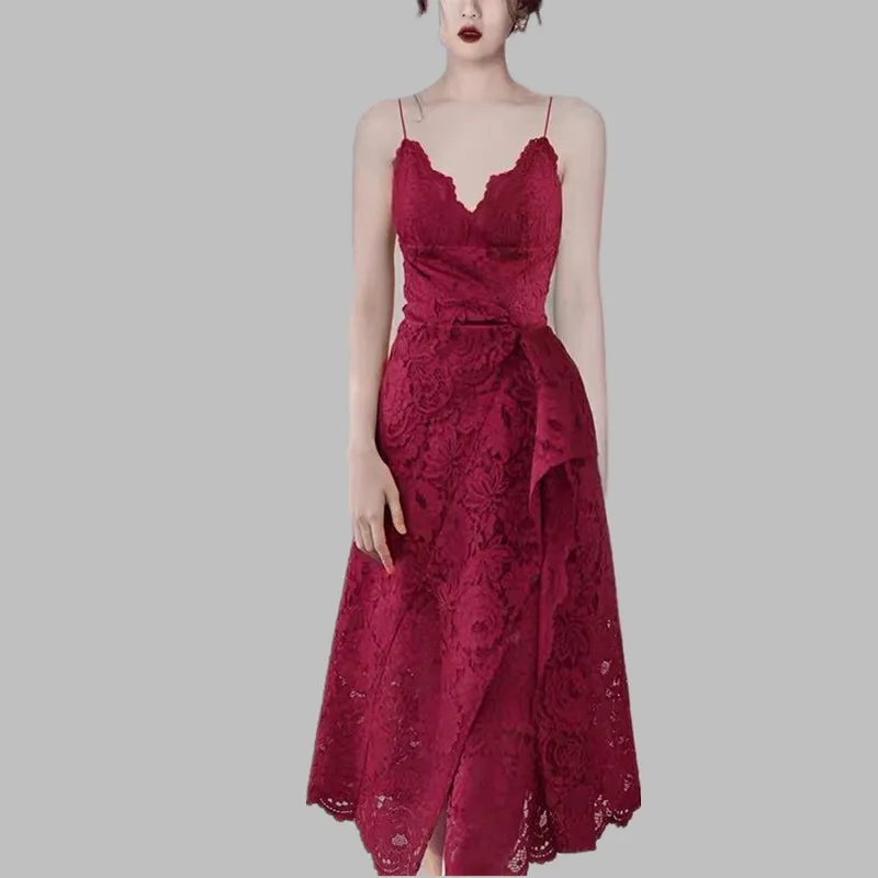 

HAMALIEL Women Spaghetti Strap Lace Party Dress 2019 Summer Designer Wine Red Ruffles Hollow Out Long dress Sexy V Neck Dress