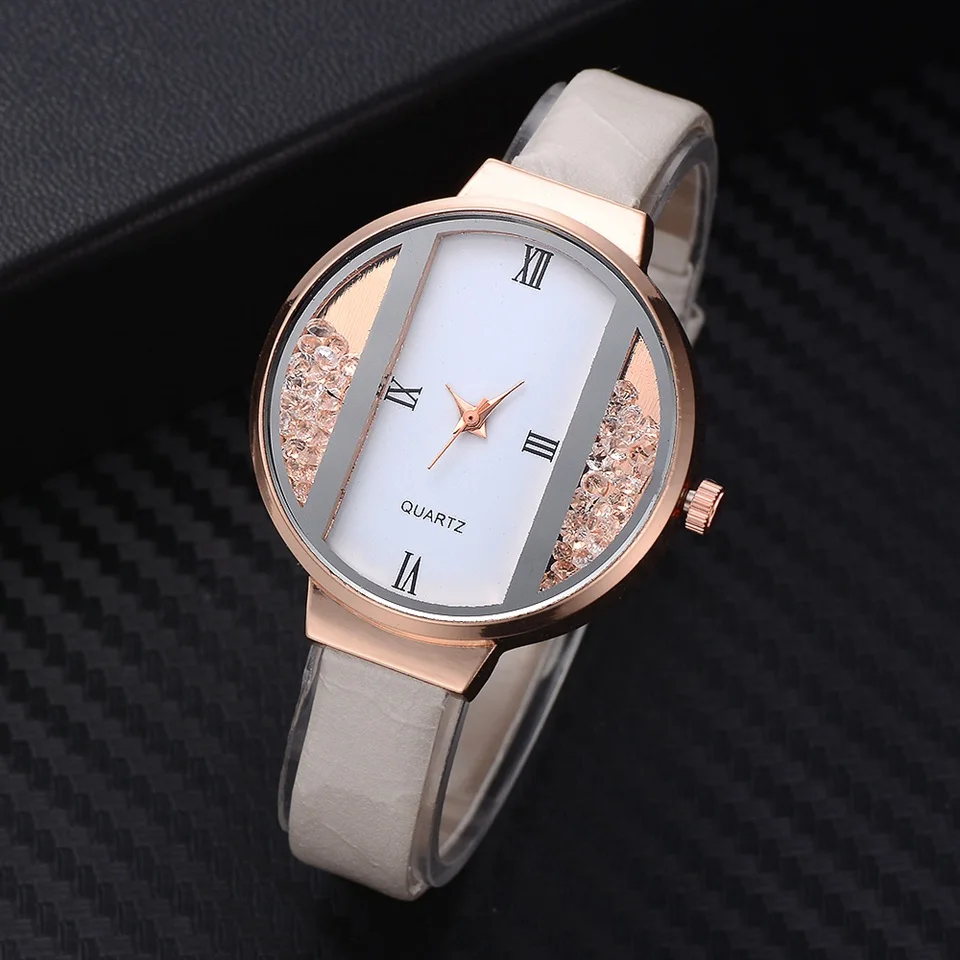 

Brand Luxury Ladies Watch Fashion Fine Rhinestone Crystal Dial High Quality PU Strap Waterproof Quartz Watch For Women