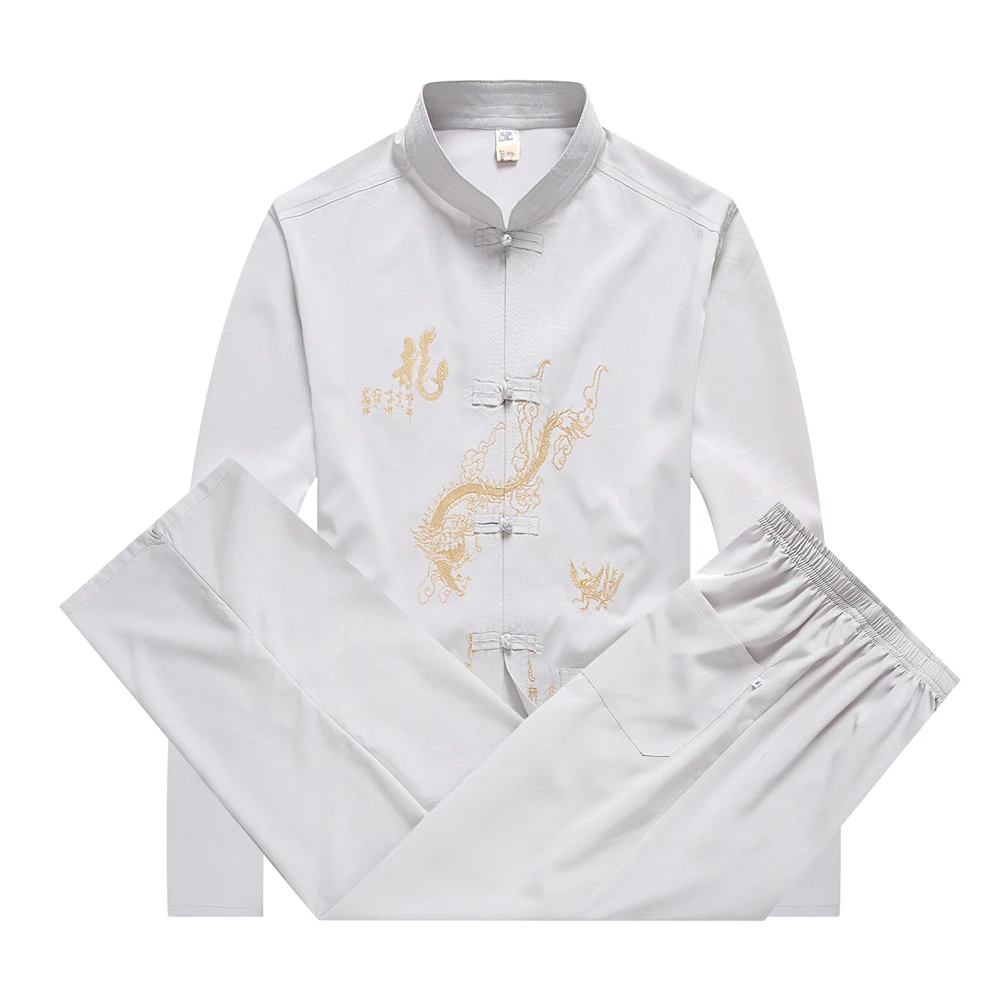 Popular Embroidery Dragon Chinese Style Taichi Tang Suit Men Long Sleeve Shirt&Pants Traditional Clothes Mandarin Collar Kung Fu Set