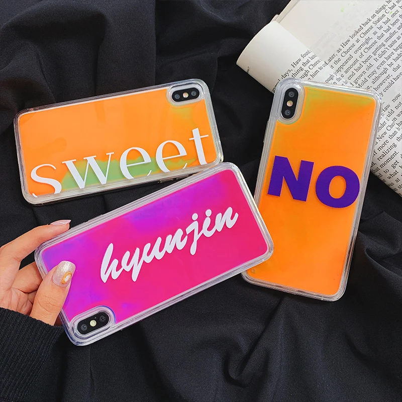

Simple letter Luminous quicksand case for iphone XS Max X XR Dynamic liquid hard phone case for iphone 6 6s 7 8 plus case capa