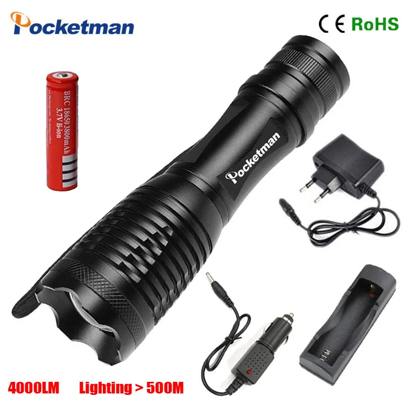 

1 Set Led Flashlight XM-L T6 2000LM Torch Zoomable 5Modes 2*18650 Rechargeable Batteries+Chargers Free Shipping