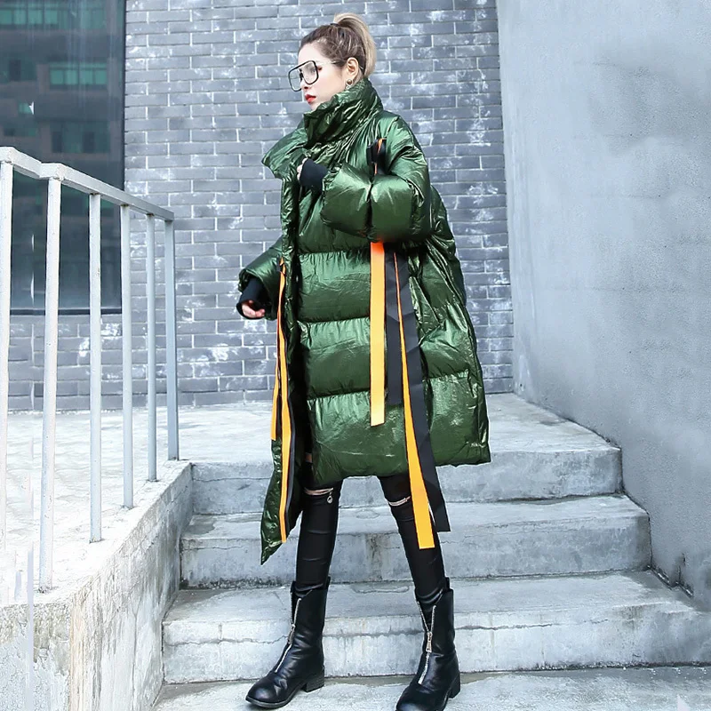 [EAM] 2019 New Spring Stad Collar Long Sleeve Cotton-padded Large Size Ribbon Stitch Irregular Hem Coat Women Parkas JI2