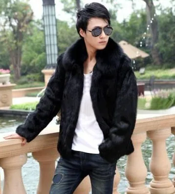 Новое поступление, осенне-зимние меховые пальто для мужчин, черная цельная кожа, натуральный кролик, пальто, верхняя одежда с капюшоном,, g8165 - Цвет: with fox fur collar