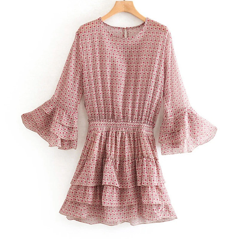Women's Clothing Dress 2019 Chiffon Small Floral Print Tiered Ruffled Dress Ms Summer Street Sexy Slim Fit Temperament Clothing