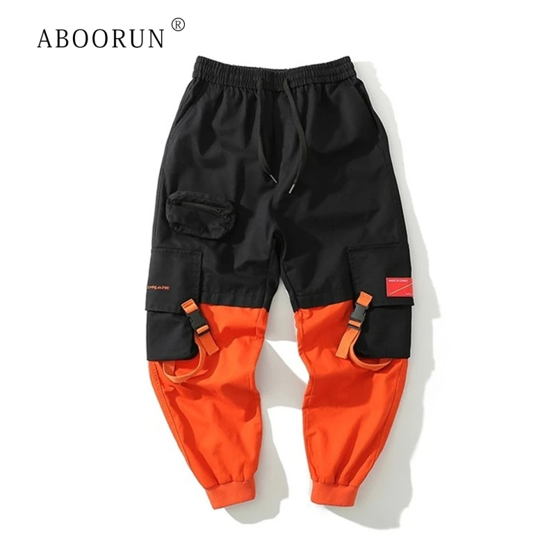 

ABOORUN Men's Trousers Cotton Contrast Color 3D Multi-Pocket Pencil Pants with Ribbons Fashion Tooling Trousers for Male x2587