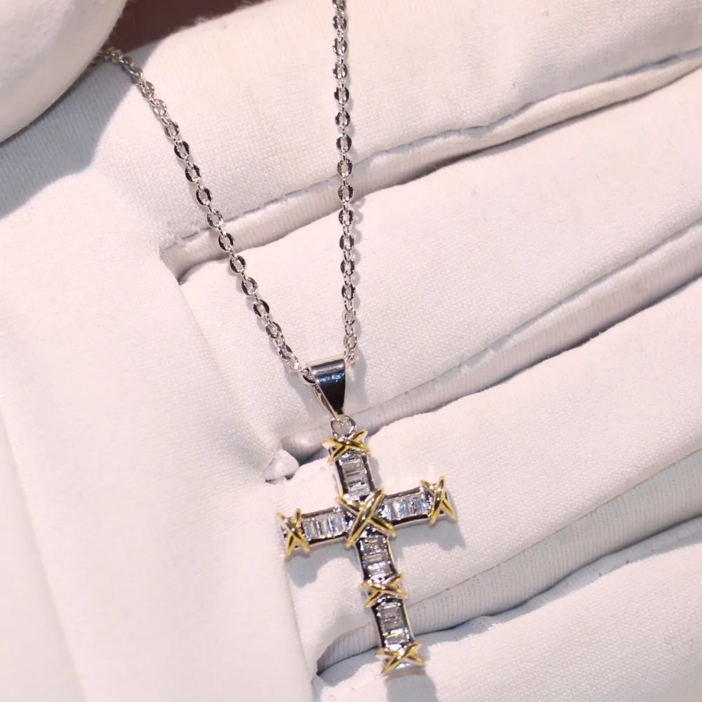 

Cool Vintage Handmade Fashion Jewelry Cross Pendant 925 Silver Separate Color AAA Cubic Zirconia Princess Women Chain Necklace