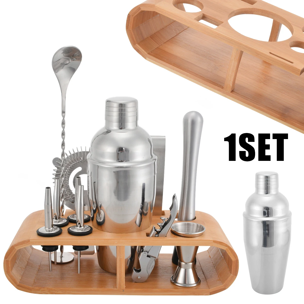 10pcs 550ml Stainless Steel Cocktail Kit Shaker Mixer Drink Bartender Martini Set with Wooden Holder Barware