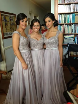 

Silver Cheap Bridesmaid Dresses Under 50 A line Cap Sleeves Chiffon Lace Beaded Long Wedding Party Dresses For Women
